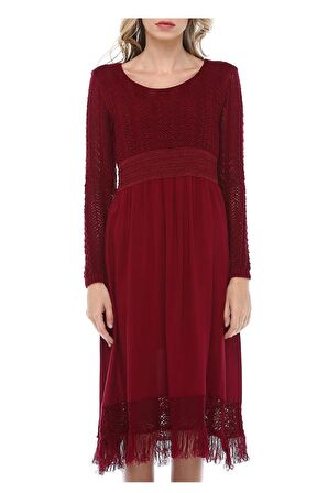 Kuş Gözlü Saçaklı Bordo Triko Kadın Elbise