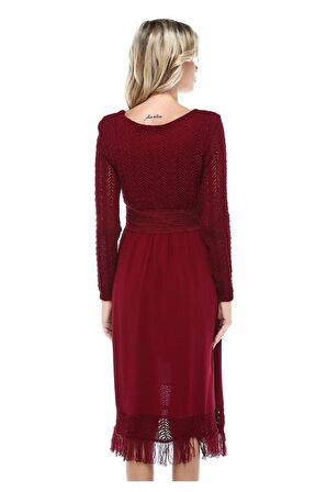 Kuş Gözlü Saçaklı Bordo Triko Kadın Elbise