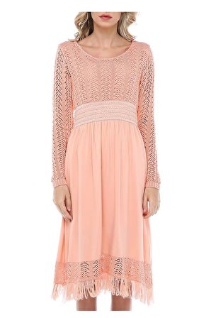 Kuş Gözlü Saçaklı Somon Triko Kadın Elbise