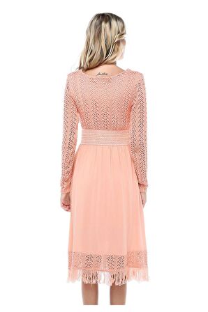 Kuş Gözlü Saçaklı Somon Triko Kadın Elbise