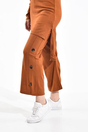 Bisiklet Yaka Düğmeli Pantolonlu Kadın Kiremit Elbise