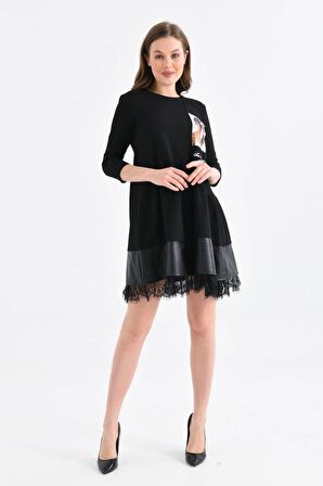 Bisiklet Yaka Deri ve Dantel Siyah Kadın Elbise