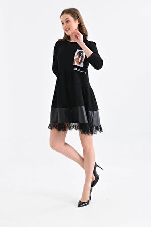 Bisiklet Yaka Deri ve Dantel Siyah Kadın Elbise