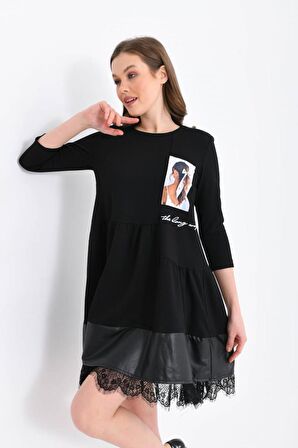 Bisiklet Yaka Deri ve Dantel Siyah Kadın Elbise