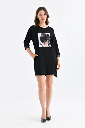 Bisiklet Yaka Deri ve Desenli Siyah Kadın Elbise