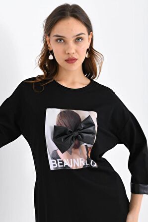 Bisiklet Yaka Deri ve Desenli Siyah Kadın Elbise