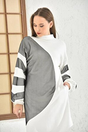 Balıkçı Yaka Fermuarlı Fileli Asimetrik Salaş Beyaz Kadın Elbise