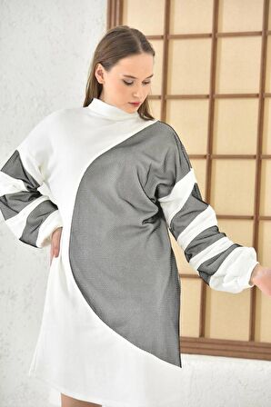 Balıkçı Yaka Fermuarlı Fileli Asimetrik Salaş Beyaz Kadın Elbise