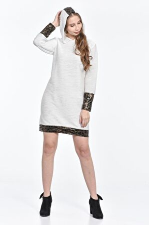 Kapüşonlu Kol ve Etek Deri Detaylı Beyaz Kadın Elbise