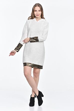 Kapüşonlu Kol ve Etek Deri Detaylı Beyaz Kadın Elbise