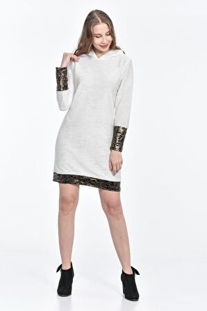 Kapüşonlu Kol ve Etek Deri Detaylı Beyaz Kadın Elbise