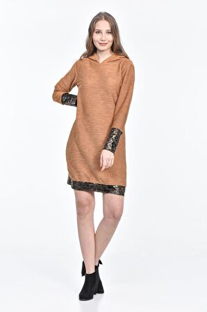 Kapüşonlu Kol ve Etek Deri Detaylı Kahve Kadın Elbise