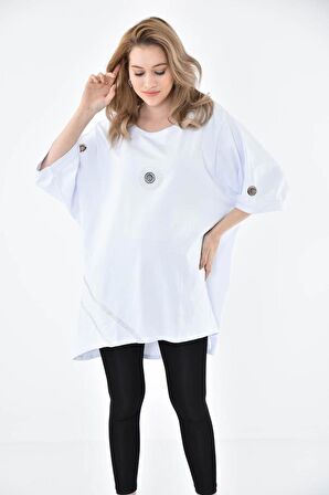 Yuvarlak Yaka Kuş Gözlü ve Taşlı Beyaz kadın Elbise