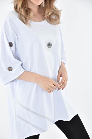 Yuvarlak Yaka Kuş Gözlü ve Taşlı Beyaz kadın Elbise