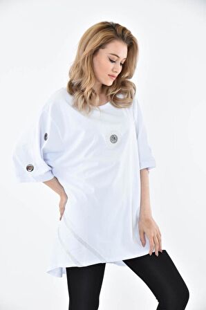 Yuvarlak Yaka Kuş Gözlü ve Taşlı Beyaz kadın Elbise