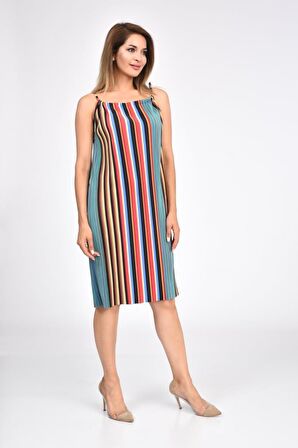 Sıfır Kol Askılı Çizgili Renkli Pilise Kadın Elbise