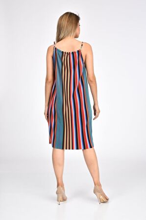 Sıfır Kol Askılı Çizgili Renkli Pilise Kadın Elbise