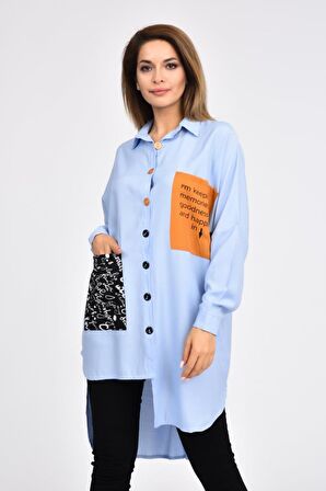 Cepli ve Baskılı Uzun Kollu Bebe Mavi Kadın Gömlek