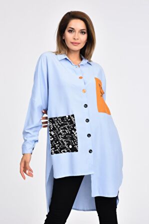 Cepli ve Baskılı Uzun Kollu Bebe Mavi Kadın Gömlek