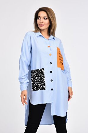Cepli ve Baskılı Uzun Kollu Bebe Mavi Kadın Gömlek
