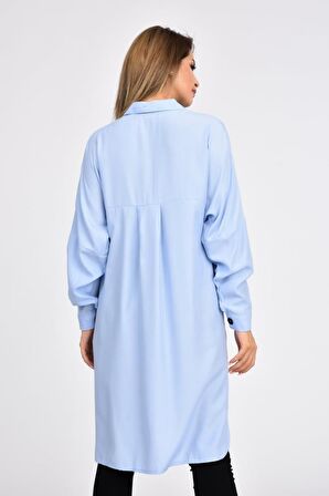 Cepli ve Baskılı Uzun Kollu Bebe Mavi Kadın Gömlek