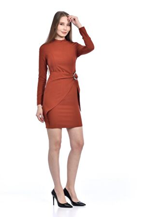 Balıkçı Yaka Uzun Kollu Yandan Tokalı Kiremit Kadın Elbise