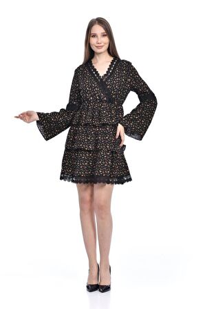 V Yaka Uzun Kollu Dantel ve Çiçekli Siyah Kadın Elbise