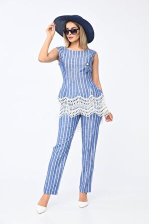 Çizgili Dantel ve Broş Detaylı Mavi Kadın Elbise