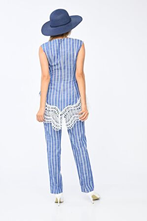 Çizgili Dantel ve Broş Detaylı Mavi Kadın Elbise