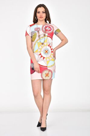 Bisiklet Yaka Takı ve Desenli Fuşya Kadın Elbise