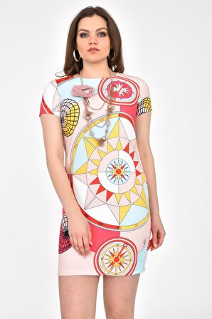 Bisiklet Yaka Takı ve Desenli Fuşya Kadın Elbise