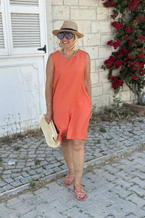 Orange Kolsuz Cepli Düz Elbise