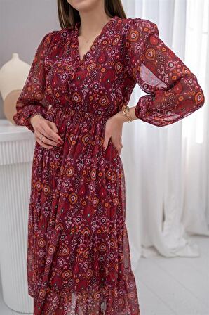 Desenli Şifon Elbise - Bordo