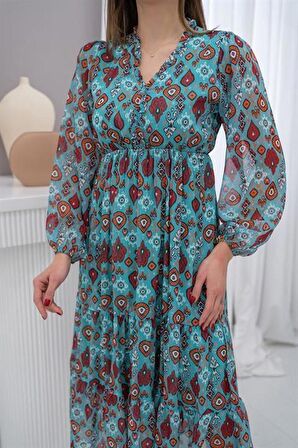 Desenli Şifon Elbise - Mint
