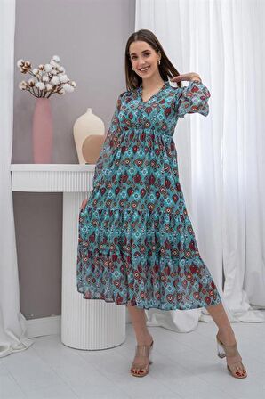 Desenli Şifon Elbise - Mint