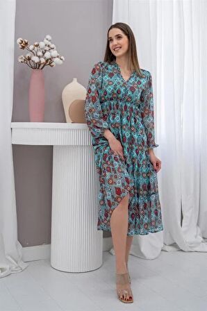 Desenli Şifon Elbise - Mint