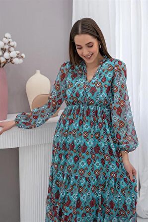 Desenli Şifon Elbise - Mint