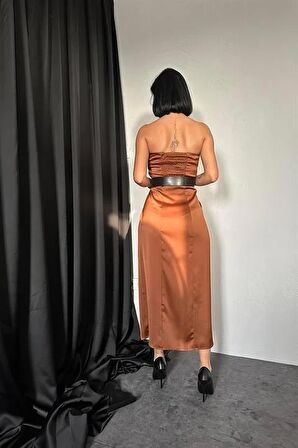 Straplez Saten Elbise - Taba
