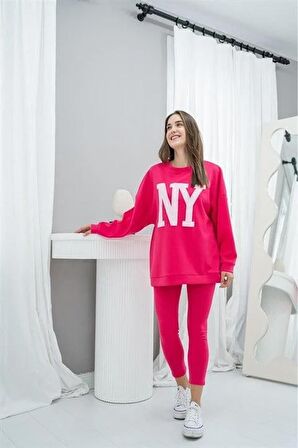 NY Baskılı Takım - Fuşya