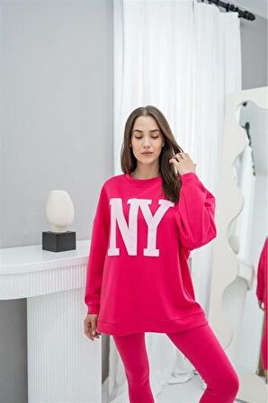 NY Baskılı Takım - Fuşya
