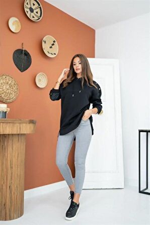 Kapüşonlu Garni Detay Sweatshirt - Siyah