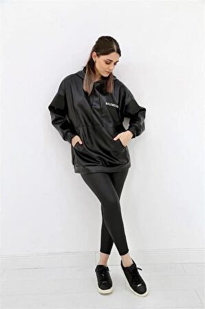 Kapüşonlu Yazı Baskılı Deri Sweatshirt - Siyah