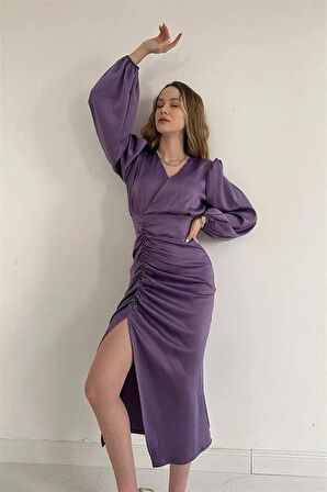 V Yaka Saten Elbise - Mor