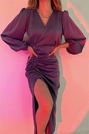 V Yaka Saten Elbise - Mor