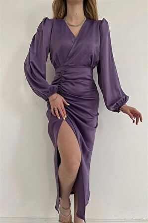 V Yaka Saten Elbise - Mor