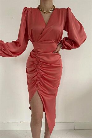 V Yaka Saten Elbise - Pembe