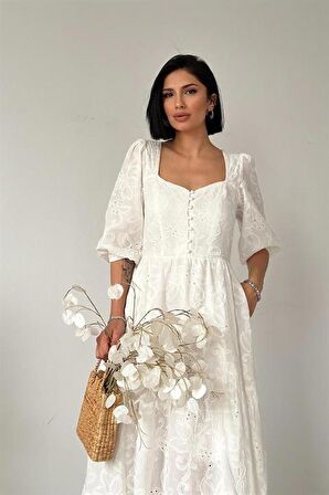Düğmeli Brode Elbise - Beyaz