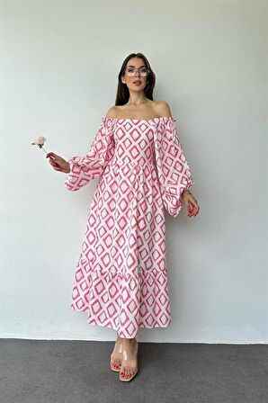 Kare Yaka Diamond Desenli Elbise - Pembe