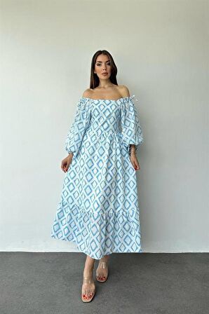 Kare Yaka Diamond Desenli Elbise - Mavi