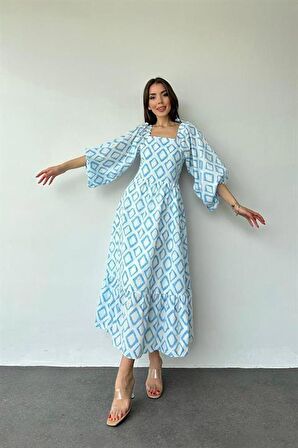 Kare Yaka Diamond Desenli Elbise - Mavi
